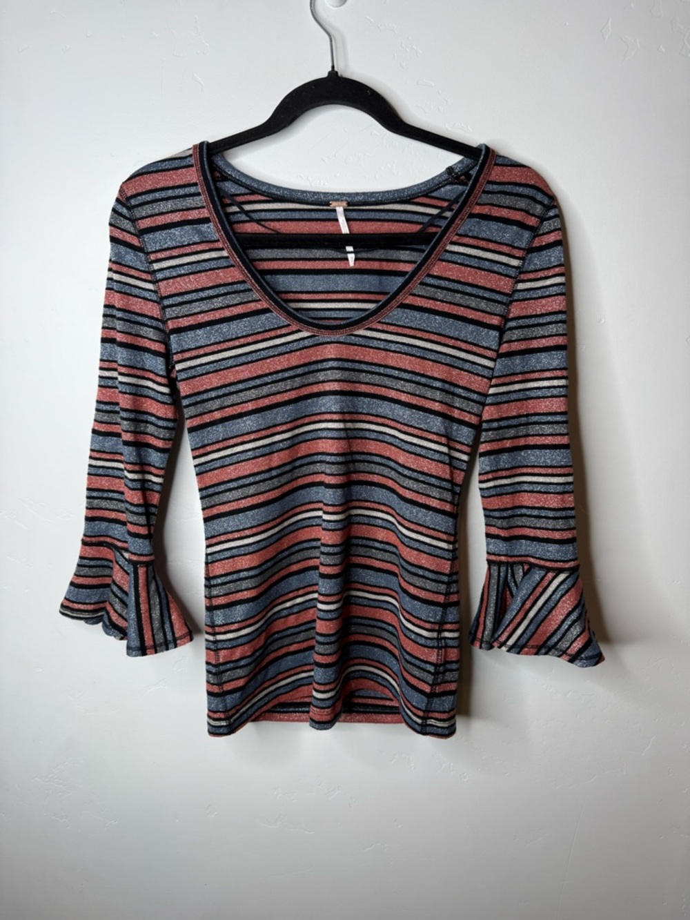 Free People Striped Metallic Bell Sleeve Top Size M Boho Stretch Knit